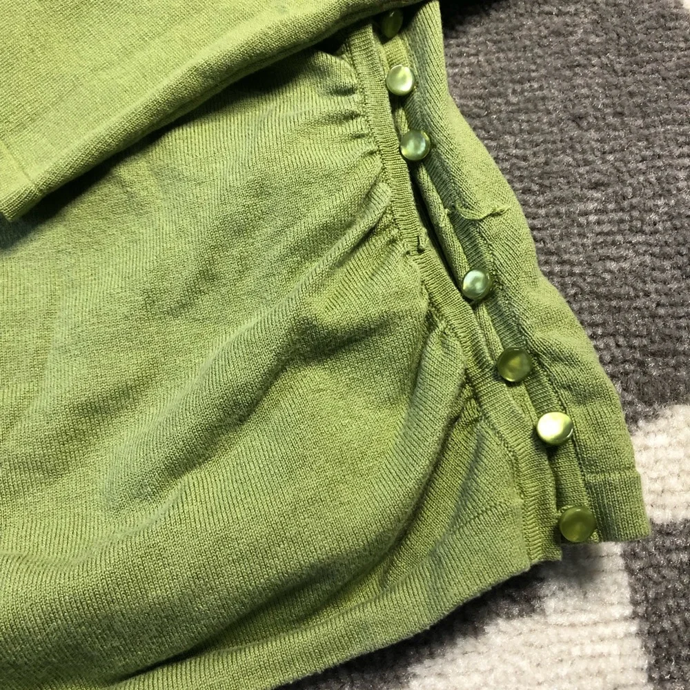 Ann Taylor Sweater Silk Blend Faux Wrap VNeck Green Button Hem Medium Petite